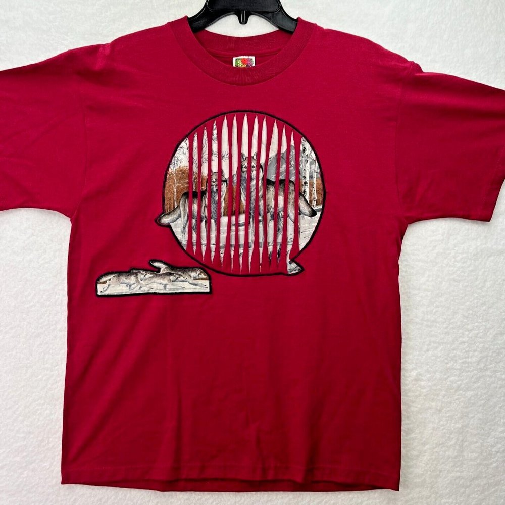 Vintage Wolves‎ in Woods Nature T-shirt Handmade Womens Maroon FOTL Best Sewing
